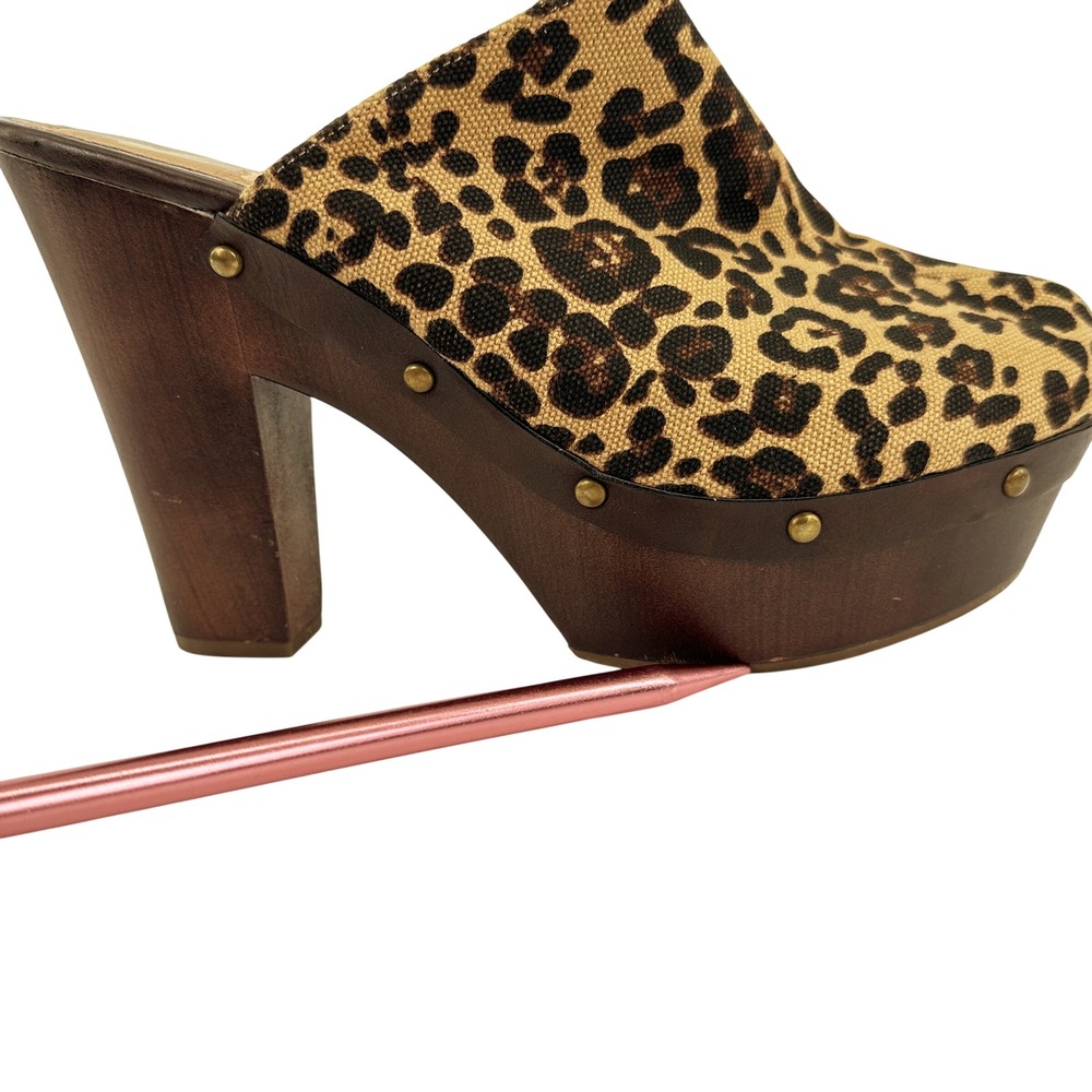 Reports Block Heeled Studded Theresa‎ Clogs Size 11 Animal Print Canvas Platform - Picture 8 of 10